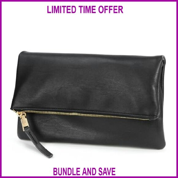 Vegan Leather Foldover Clutch Crossbody Bag with Detachable Chain Strap